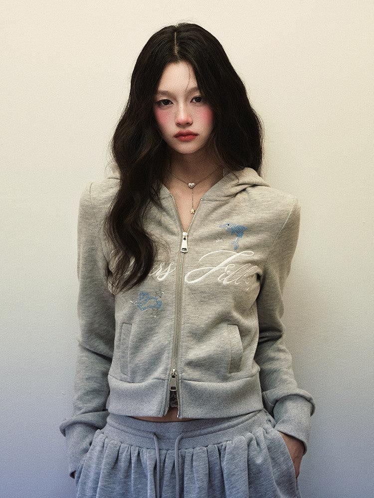 1P STUDIO Light Gray Letter Embroidered Hooded Zip Aline Skirt Women&