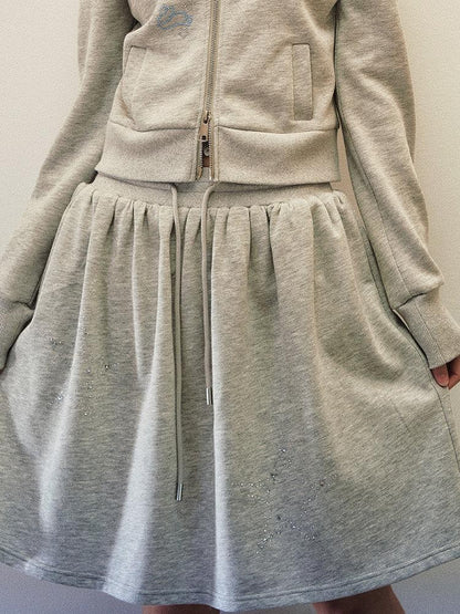 1P STUDIO Light Gray Letter Embroidered Hooded Zip Aline Skirt Women&