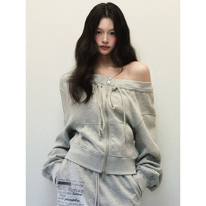 1P_STUDIO_Light_Gray_One_Shoulder_Drawstring_Cropped_Zip_Top_Women&