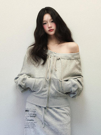 1P STUDIO Light Gray One Shoulder Drawstring Cropped Zip Top Women&