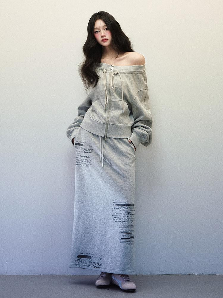 1P STUDIO Light Gray One Shoulder Drawstring Cropped Zip Top Women&
