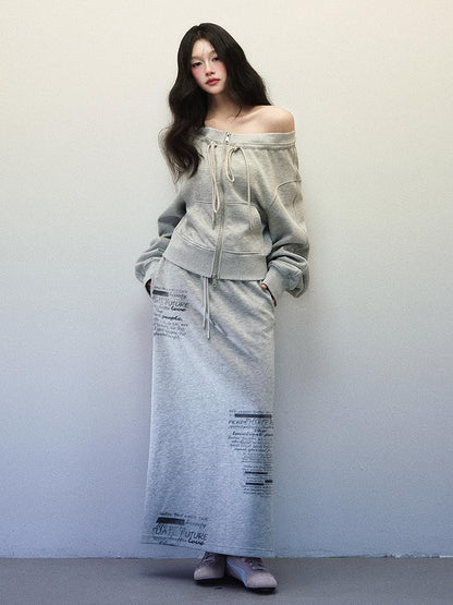 1P STUDIO Light Gray One Shoulder Drawstring Cropped Zip Top Women&