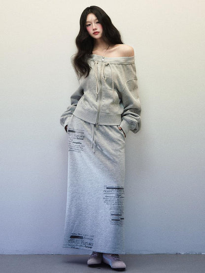 1P STUDIO Light Gray One Shoulder Drawstring Cropped Zip Top Women&