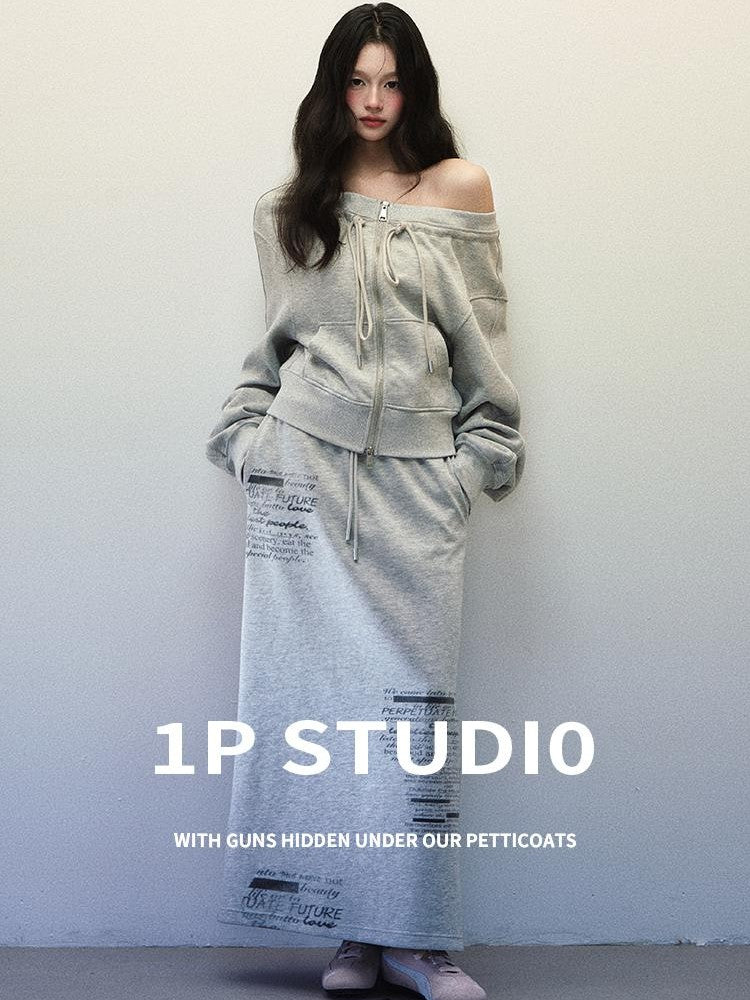 1P STUDIO Light Gray One Shoulder Drawstring Cropped Zip Top Women&