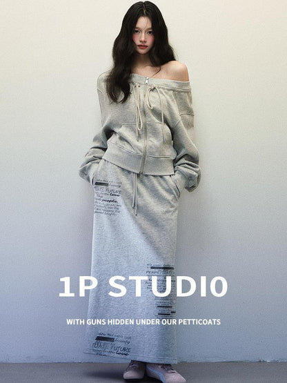 1P STUDIO Light Gray One Shoulder Drawstring Cropped Zip Top Women&