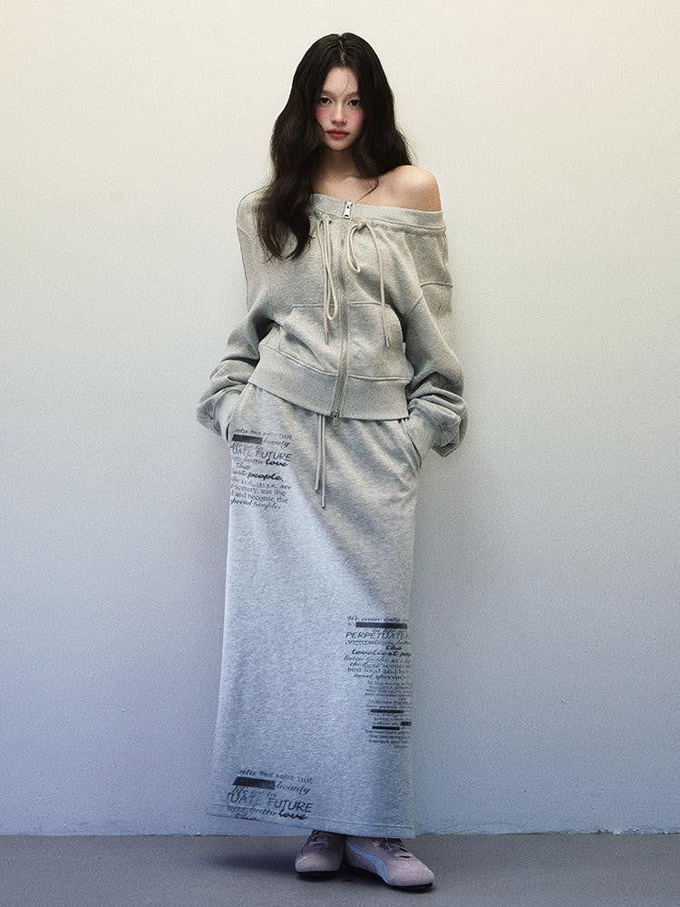 1P STUDIO Light Gray One Shoulder Drawstring Cropped Zip Top Women&