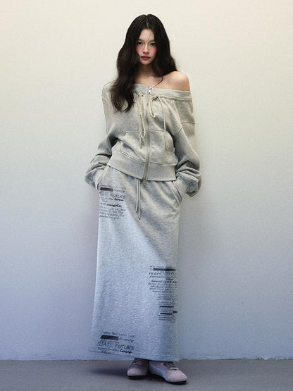1P STUDIO Light Gray One Shoulder Drawstring Cropped Zip Top Women&