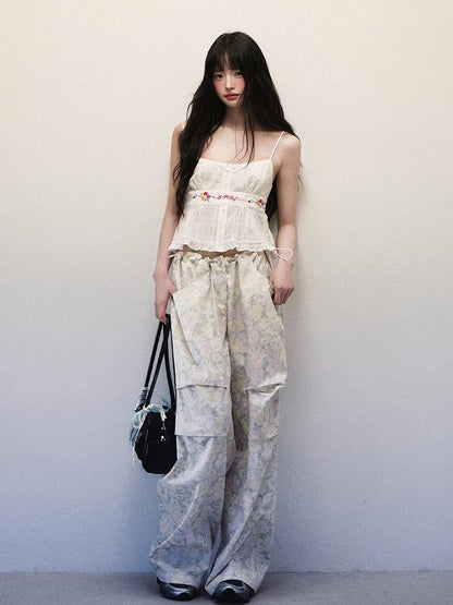 1P STUDIO Light Green Floral High Waist Cargo Women&
