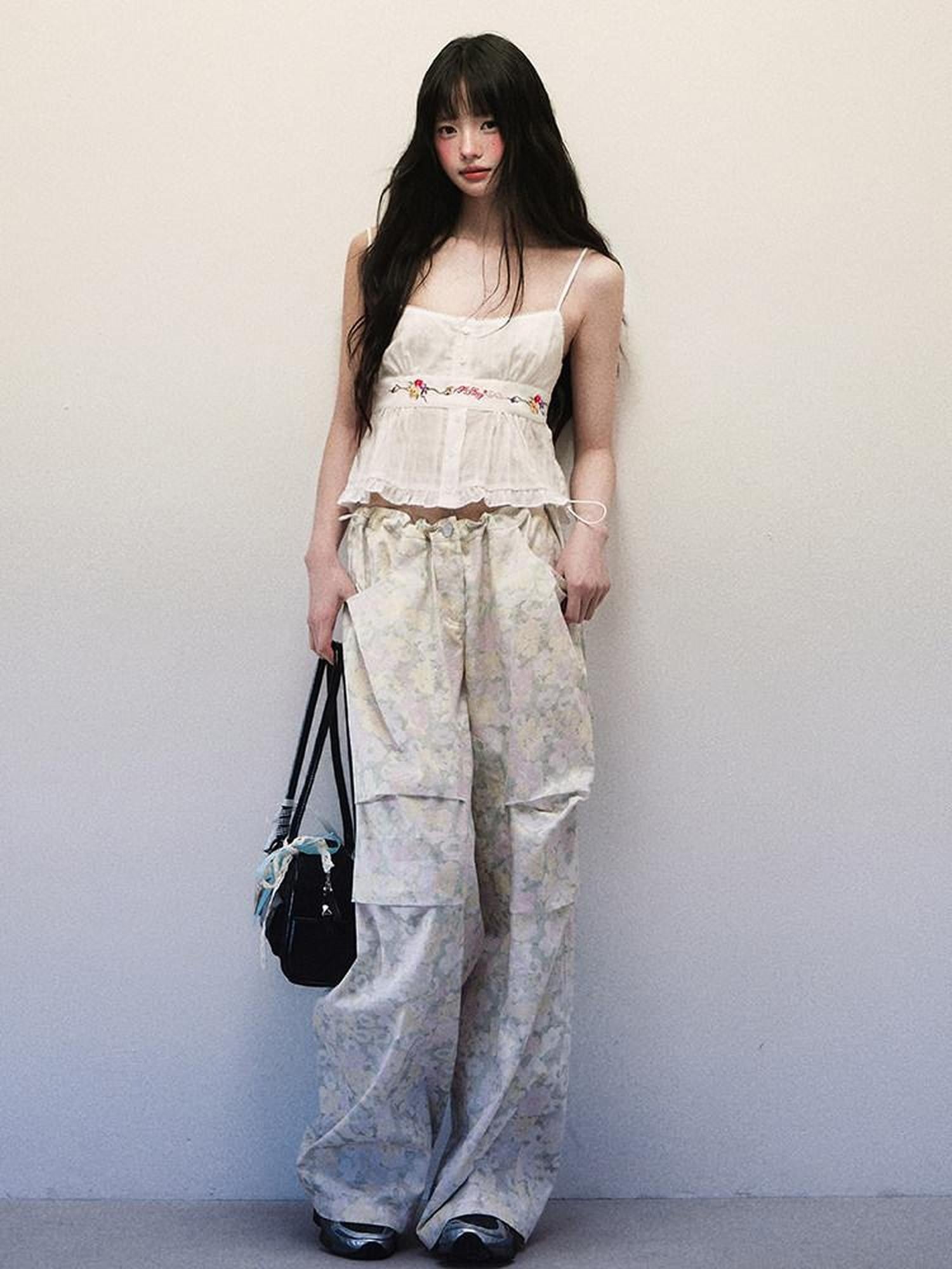1P STUDIO Light Green Floral High Waist Cargo Women&