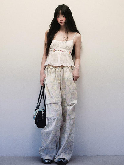 1P STUDIO Light Green Floral High Waist Cargo Women&