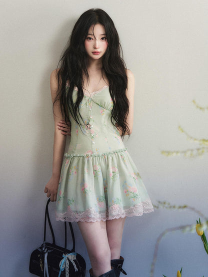 1P STUDIO Light Green Printed Lace Trim V-neck Women&