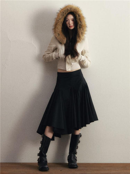 1P STUDIO Light Grey Faux Mink Fur Hood Cinched Waist Women&