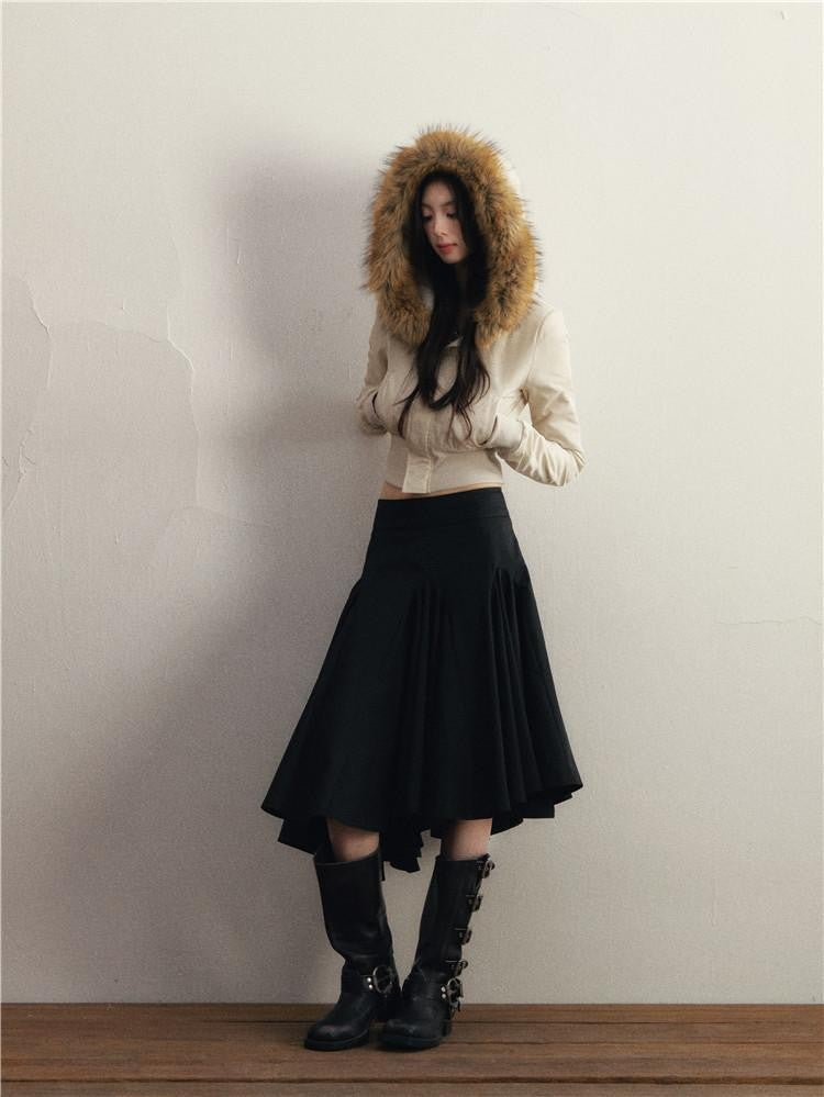 1P STUDIO Light Grey Faux Mink Fur Hood Cinched Waist Women&