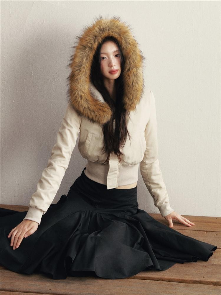 1P STUDIO Light Grey Faux Mink Fur Hood Cinched Waist Women&