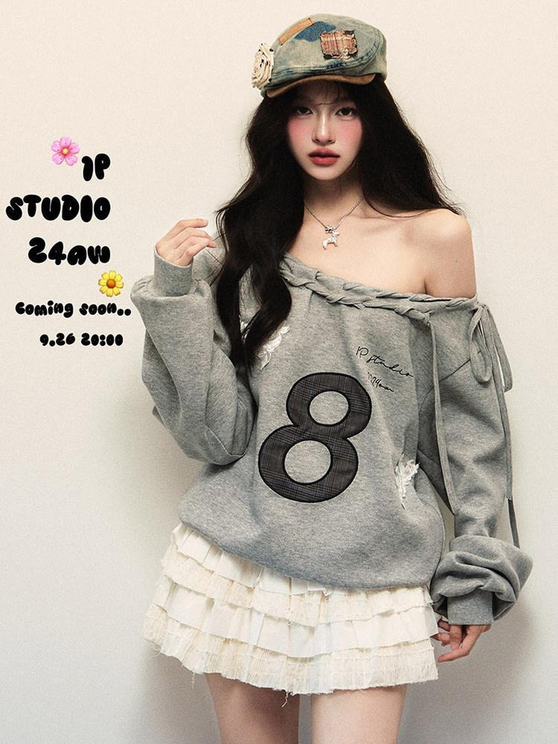 1P STUDIO Light Heather Grey Asymmetric Tie Applique Embroidery Women&