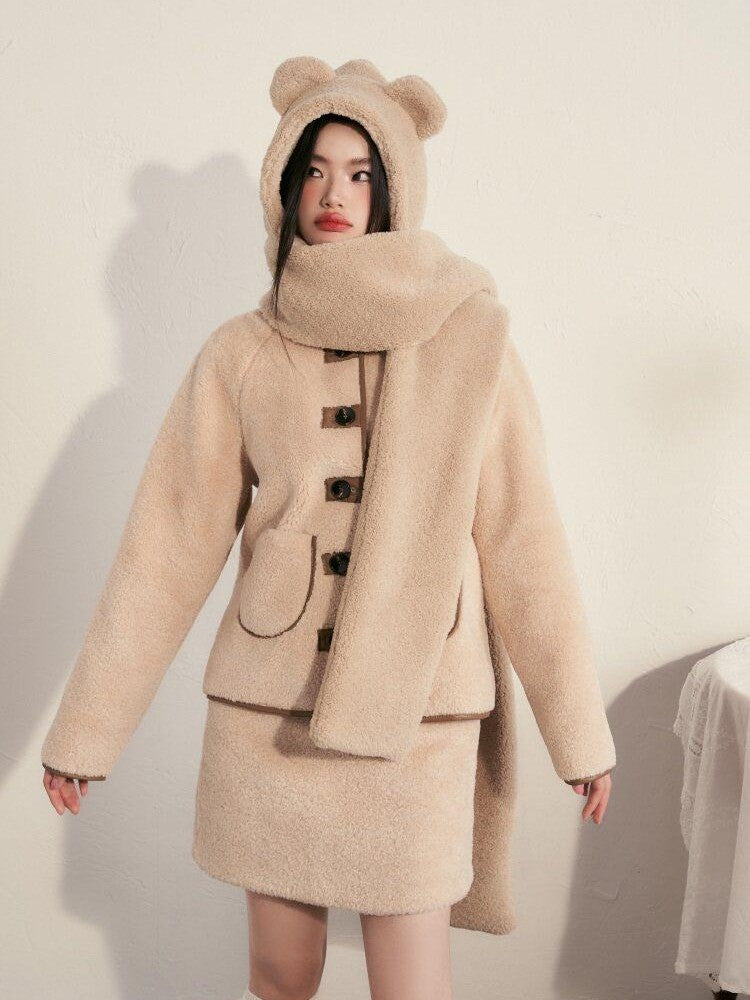 1P STUDIO Milk White Faux Fur Trim Fluffy Women&
