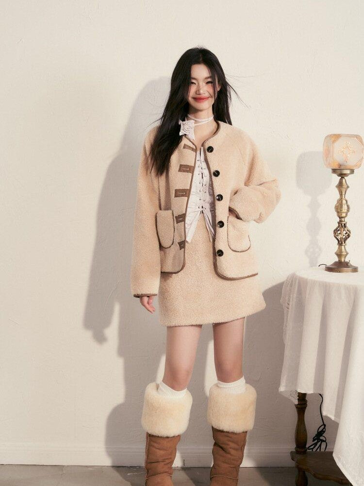 1P STUDIO Milk White Faux Fur Trim Fluffy Women&