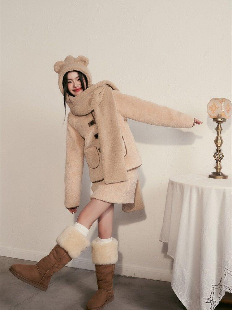 1P STUDIO Milk White Faux Fur Trim Fluffy Women&