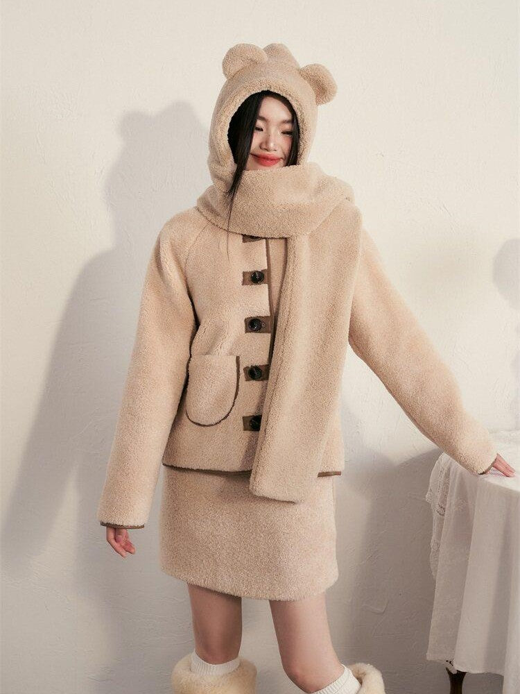 1P STUDIO Milk White Faux Fur Trim Fluffy Women&