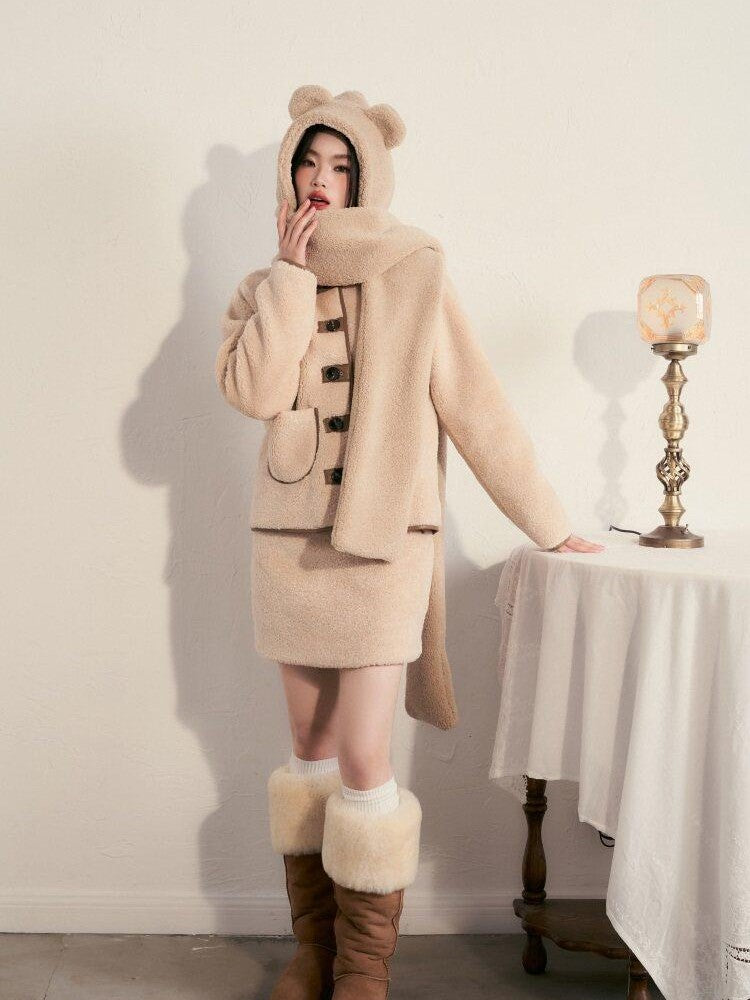 1P STUDIO Milk White Faux Fur Trim Fluffy Women&