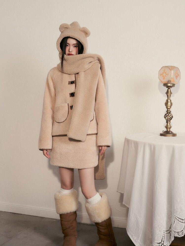1P STUDIO Milk White Faux Fur Trim Fluffy Women&