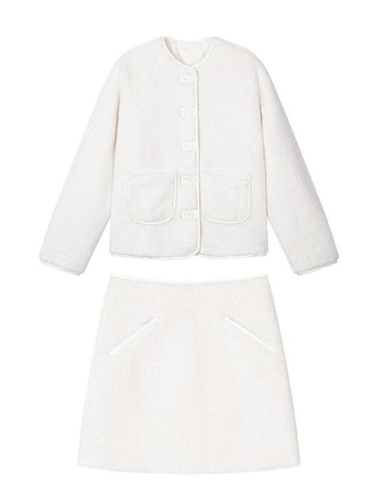 1P STUDIO Milk White Faux Fur Trim Fluffy Women&