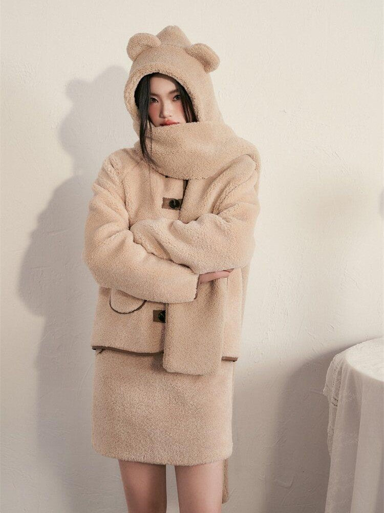 1P STUDIO Milk White Faux Fur Trim Fluffy Women&
