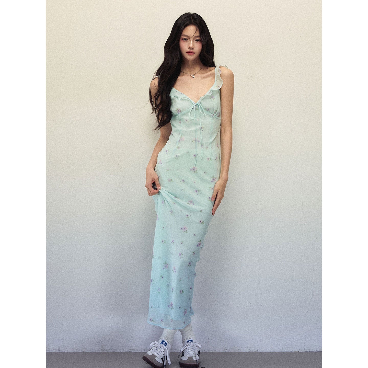 1P_STUDIO_Mint_Green_Printed_Ruffle_V-neck_Women&