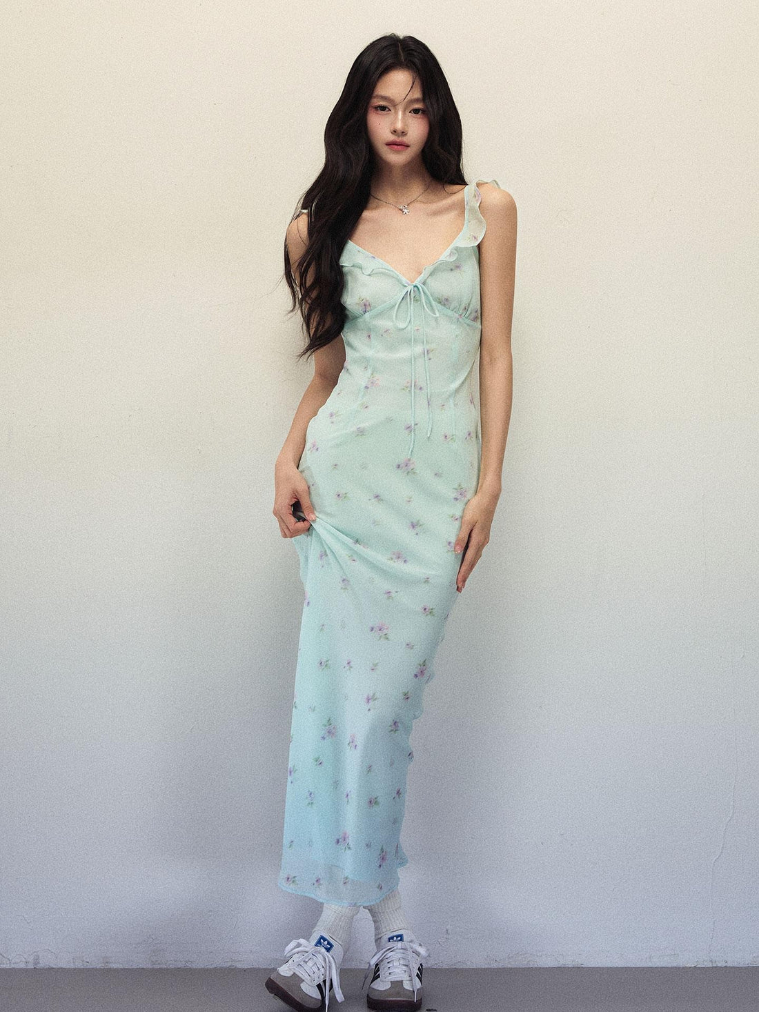 1P STUDIO Mint Green Printed Ruffle V-neck Women&