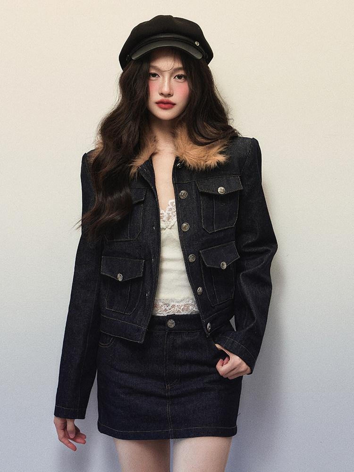 1P STUDIO Navy Fur Collar Contrast Jacket Pencil Skirt Women&