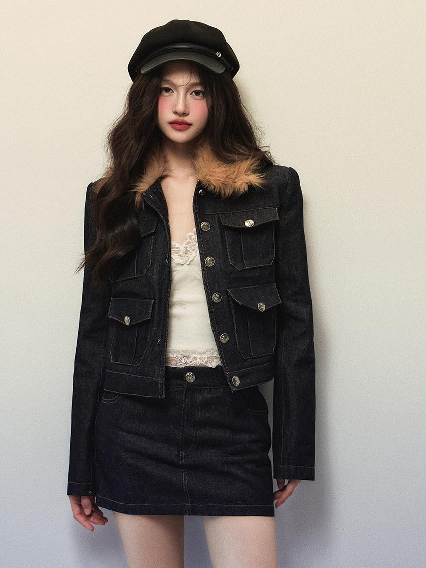 1P STUDIO Navy Fur Collar Contrast Jacket Pencil Skirt Women&