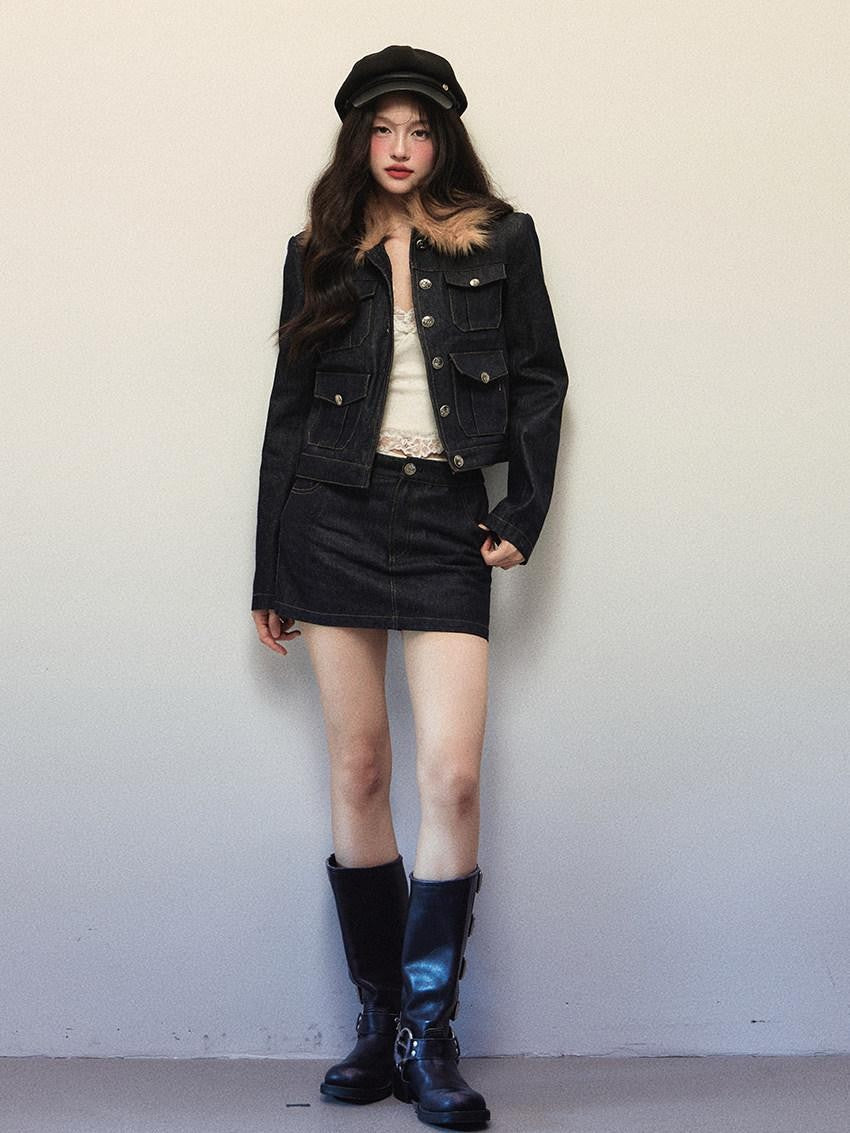1P STUDIO Navy Fur Collar Contrast Jacket Pencil Skirt Women&
