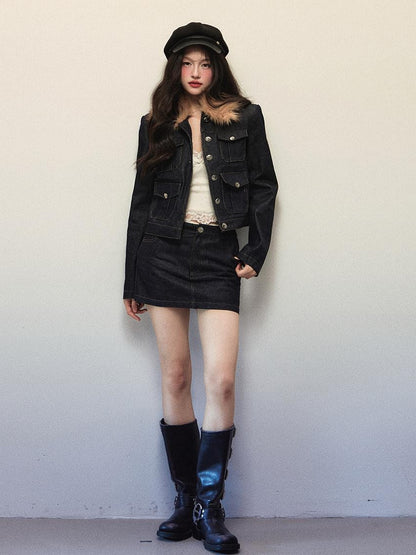1P STUDIO Navy Fur Collar Contrast Jacket Pencil Skirt Women&