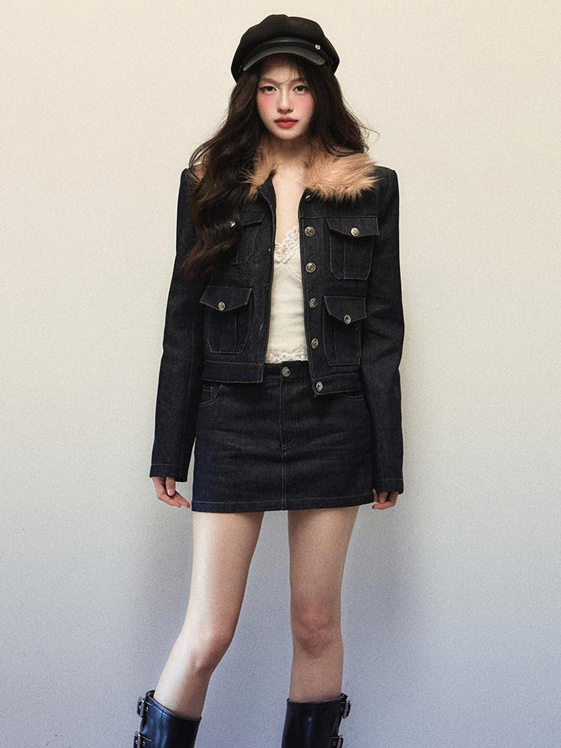 1P STUDIO Navy Fur Collar Contrast Jacket Pencil Skirt Women&