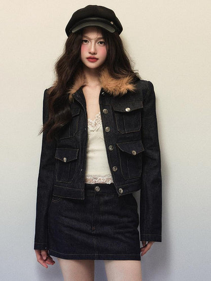 1P STUDIO Navy Fur Collar Contrast Jacket Pencil Skirt Women&