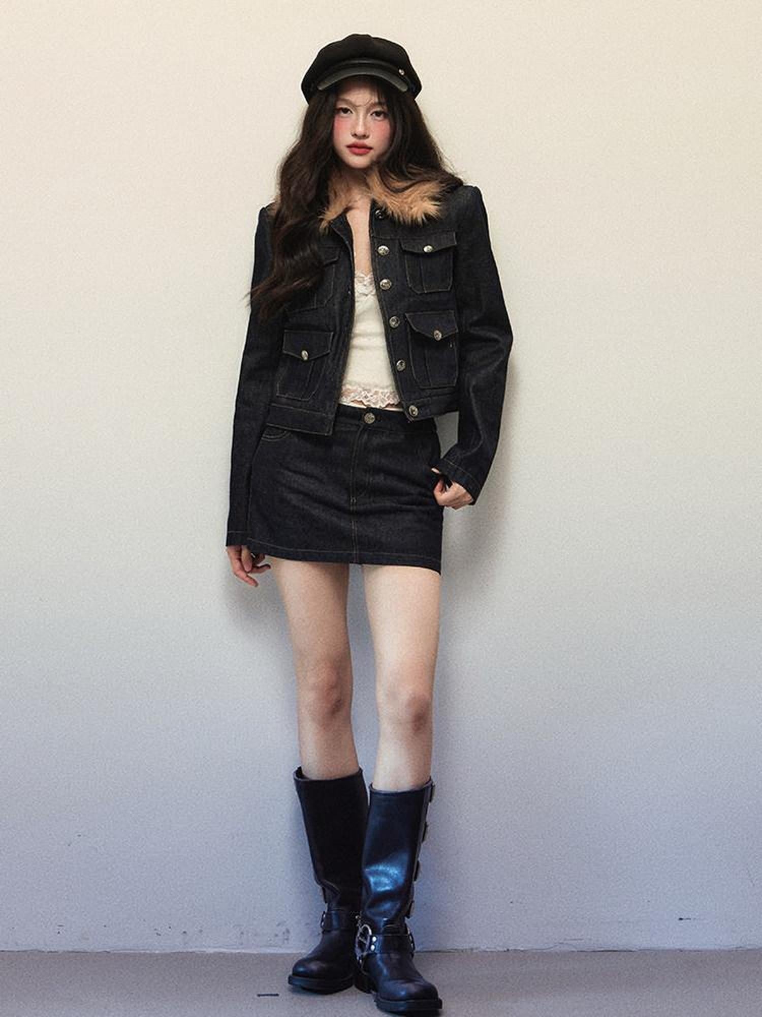 1P STUDIO Navy Fur Collar Contrast Jacket Pencil Skirt Women&
