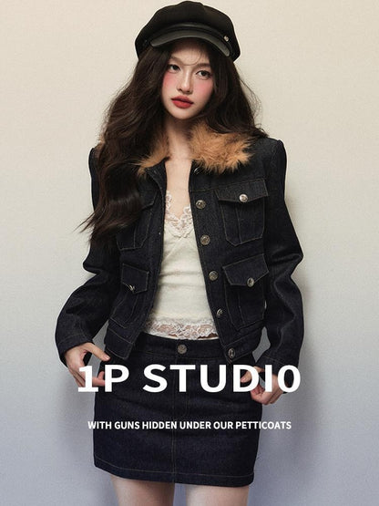 1P STUDIO Navy Fur Collar Contrast Jacket Pencil Skirt Women&