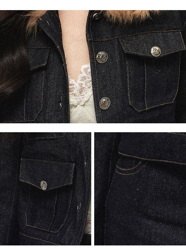 1P STUDIO Navy Fur Collar Contrast Jacket Pencil Skirt Women&