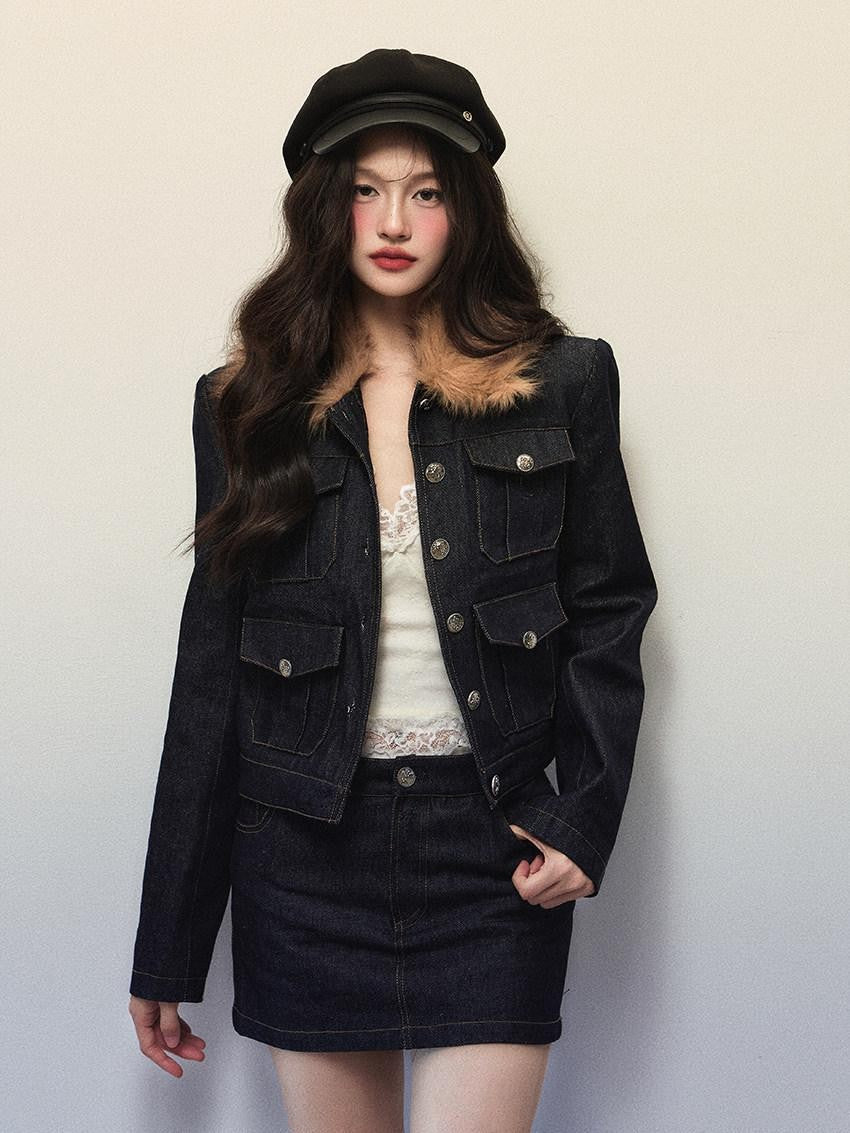 1P STUDIO Navy Fur Collar Contrast Jacket Pencil Skirt Women&