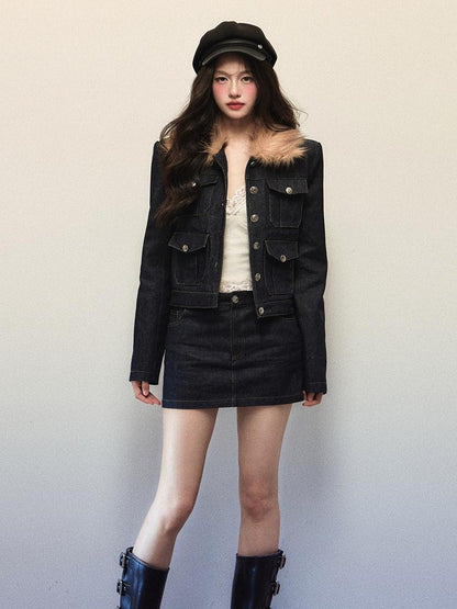 1P STUDIO Navy Fur Collar Contrast Jacket Pencil Skirt Women&