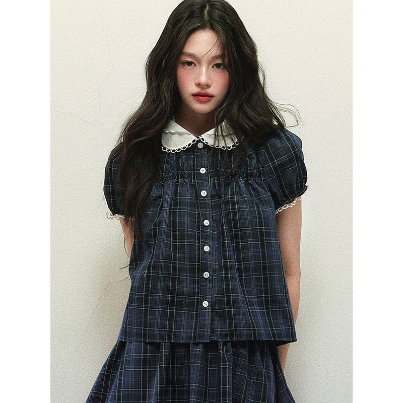 1P_STUDIO_Navy_Plaid_Doll_Collar_Short_Sleeve_Pleated_Skirt_Women&