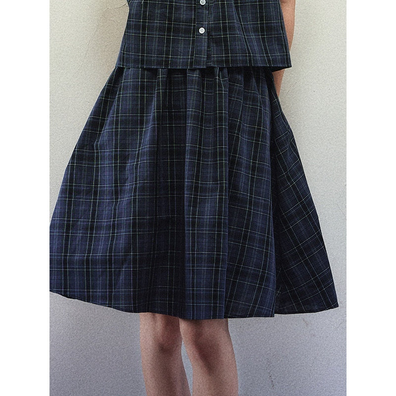 1P_STUDIO_Navy_Plaid_Doll_Collar_Short_Sleeve_Pleated_Skirt_Women&