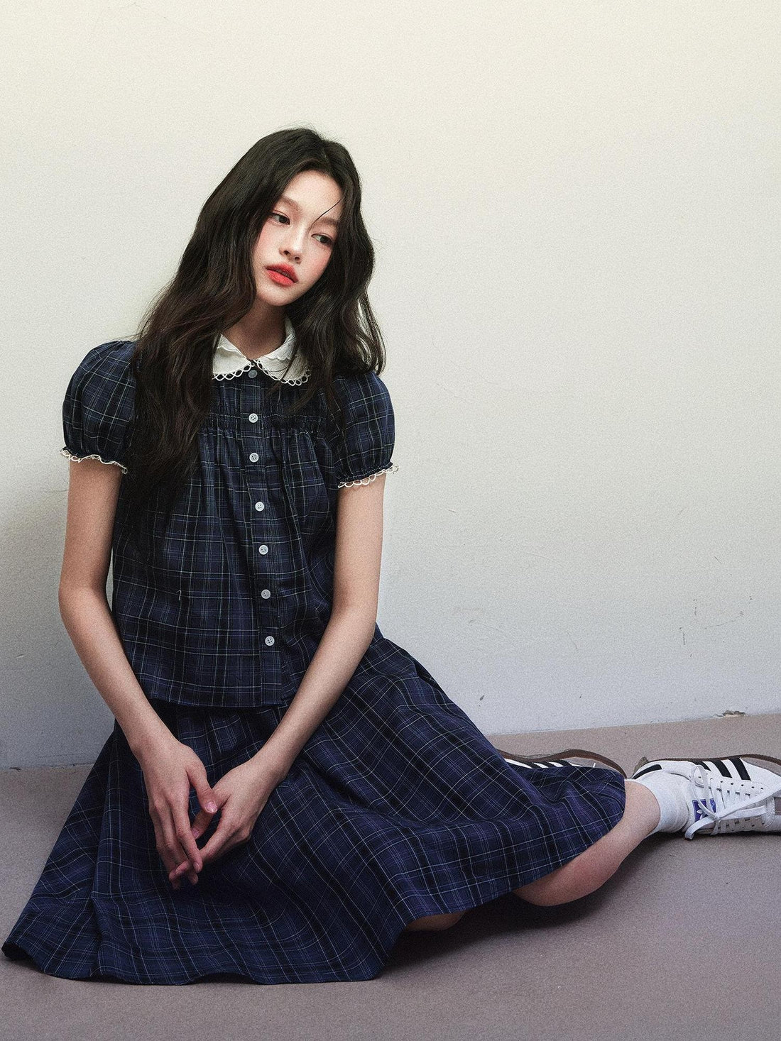 1P STUDIO Navy Plaid Doll Collar Short Sleeve Pleated Skirt Women&