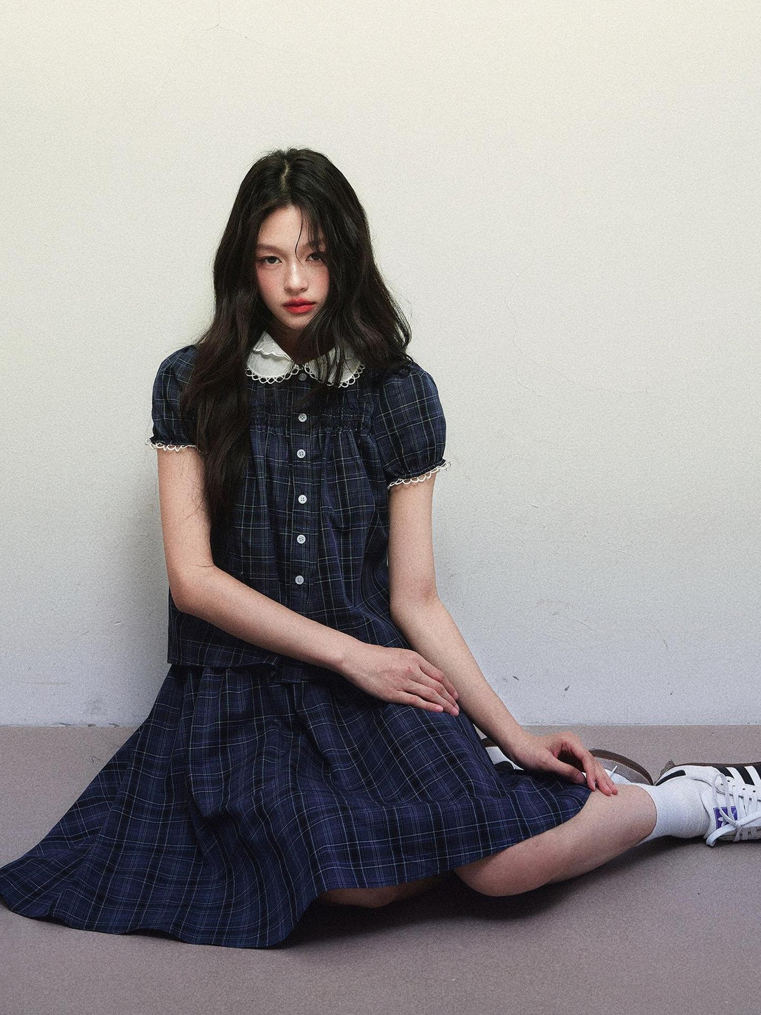 1P STUDIO Navy Plaid Doll Collar Short Sleeve Pleated Skirt Women&