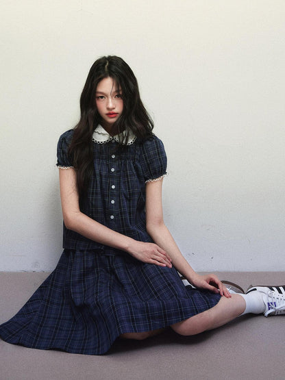 1P STUDIO Navy Plaid Doll Collar Short Sleeve Pleated Skirt Women&