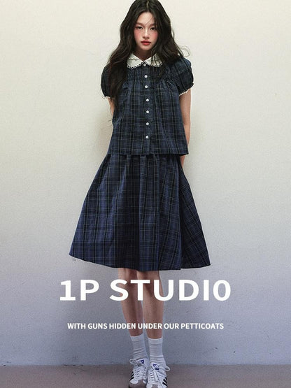 1P STUDIO Navy Plaid Doll Collar Short Sleeve Pleated Skirt Women&