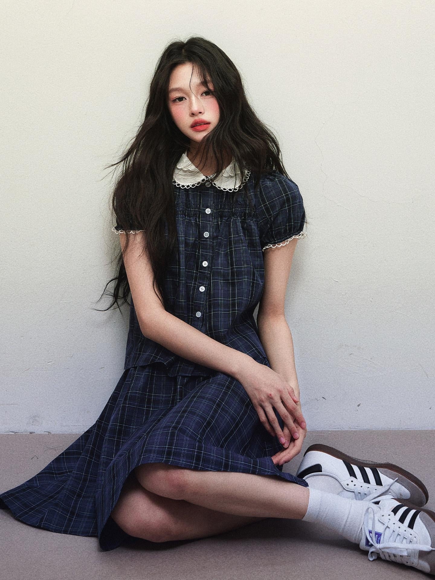 1P STUDIO Navy Plaid Doll Collar Short Sleeve Pleated Skirt Women&
