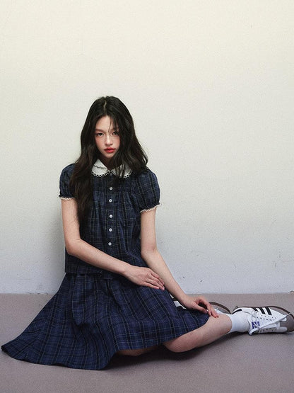 1P STUDIO Navy Plaid Doll Collar Short Sleeve Pleated Skirt Women&