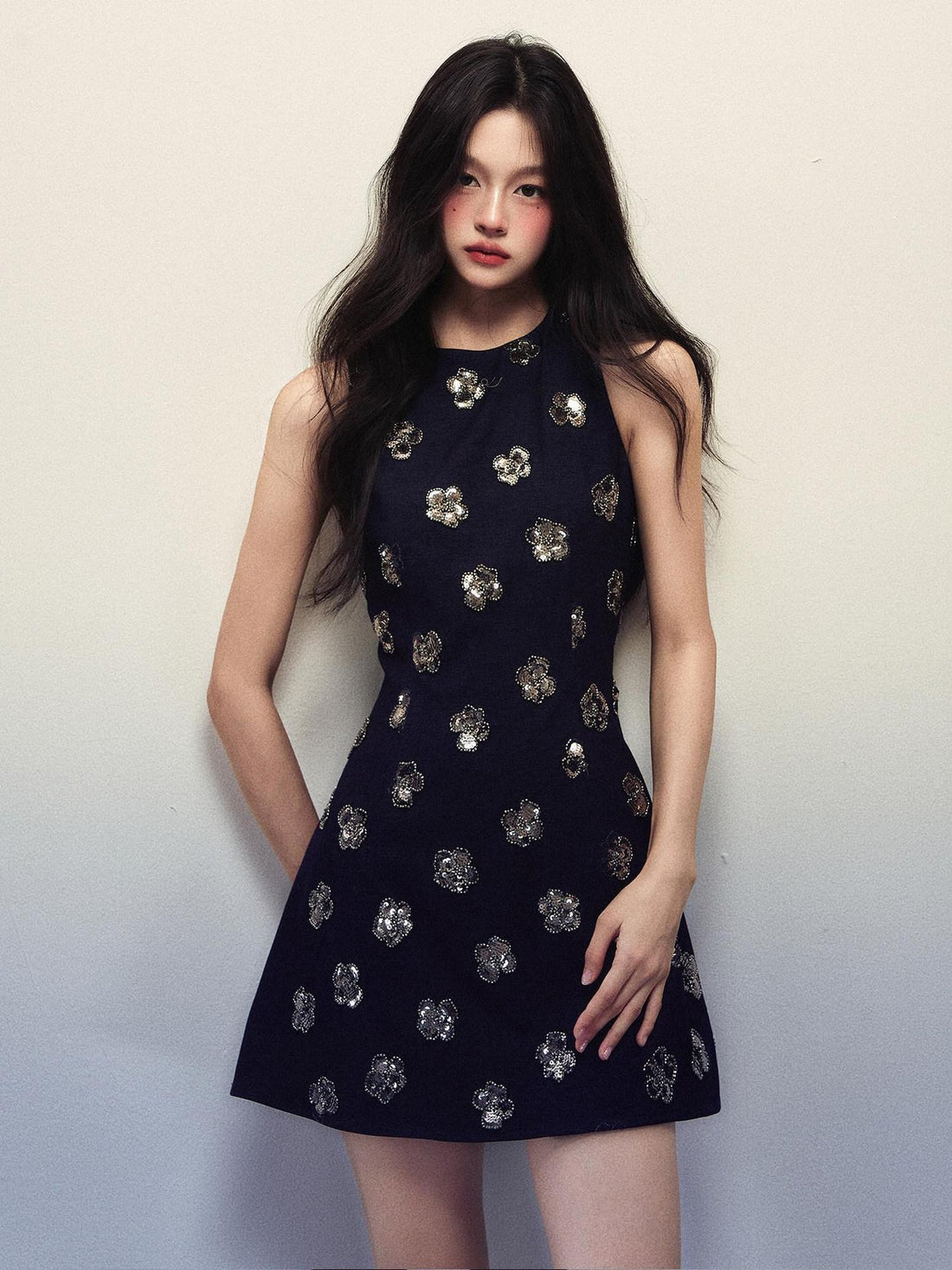 1P STUDIO Navy Sequin Floral Sleeveless A Line Slim Waist Women&