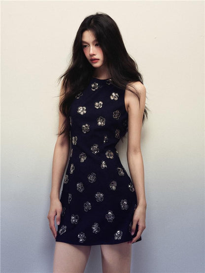 1P STUDIO Navy Sequin Floral Sleeveless A Line Slim Waist Women&